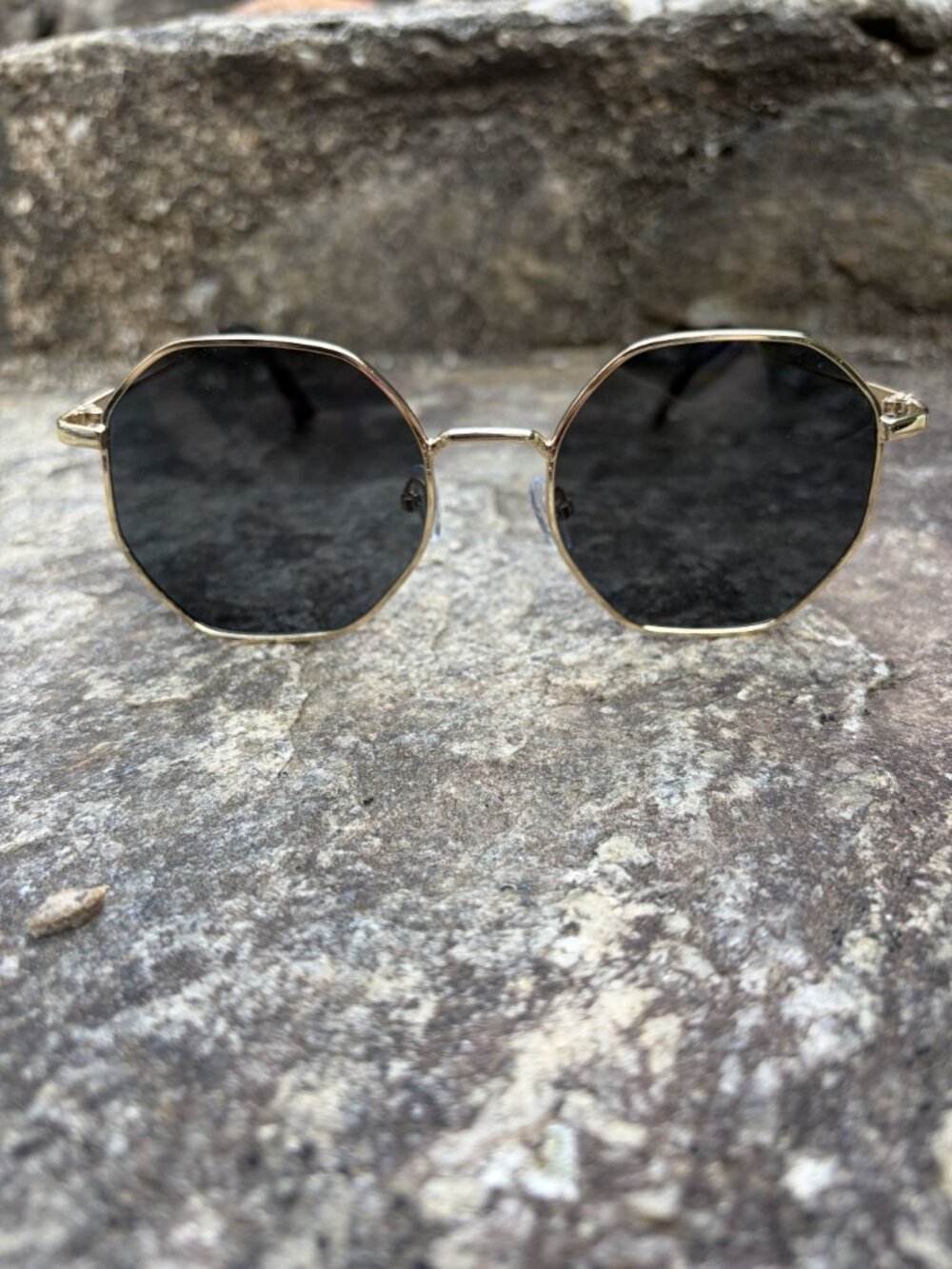 70s Gold Geometric Octagon Sunglasses Retro Round Black Lens Boho Festival NEW